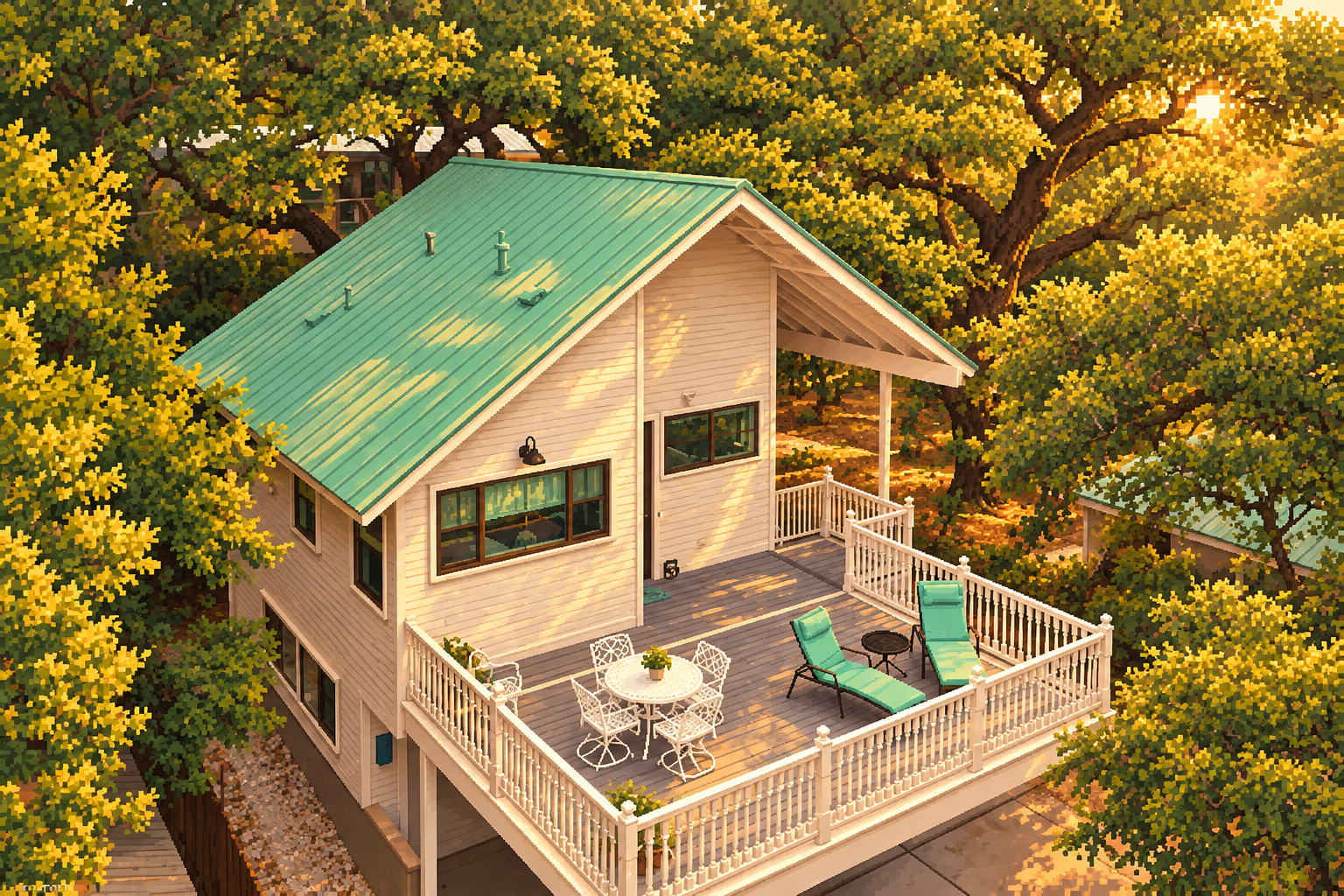 Pixel artwork of a guest house among Texas oak trees
